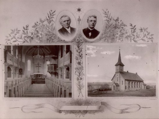 Kirkebilde med s.prest Riddervold og kappelan Kjaer.
Holla church in 1895. - On left: Vicar - Julius Riddervold. - On right: Curate - Nils Kjr.