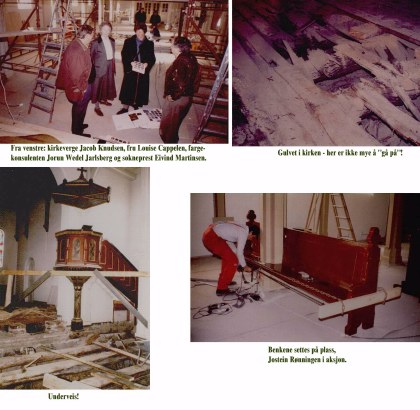 Fra arbeidet  i Holla Kirke før 125-års jubiléet i 1992.
Restoration work before the 125th anniversary celebrations in 1992.